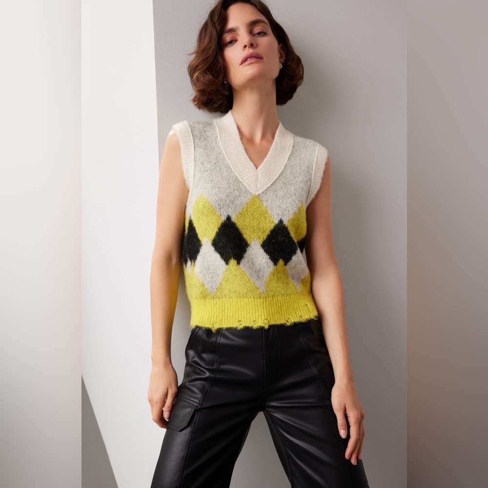 All Saints Argyle Sweater Vest in Yellow, Black, and White